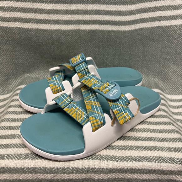 Chaco Other - Chaco Chillos Waterproof Teal and Yellow Strappy‎ Slides Size 5